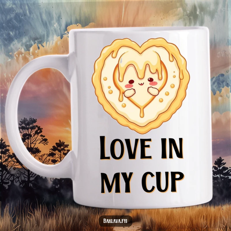 Funny mug showing a honey drizzle character forming a heart around a baklava, symbolizing sweet love and dessert appreciation.
