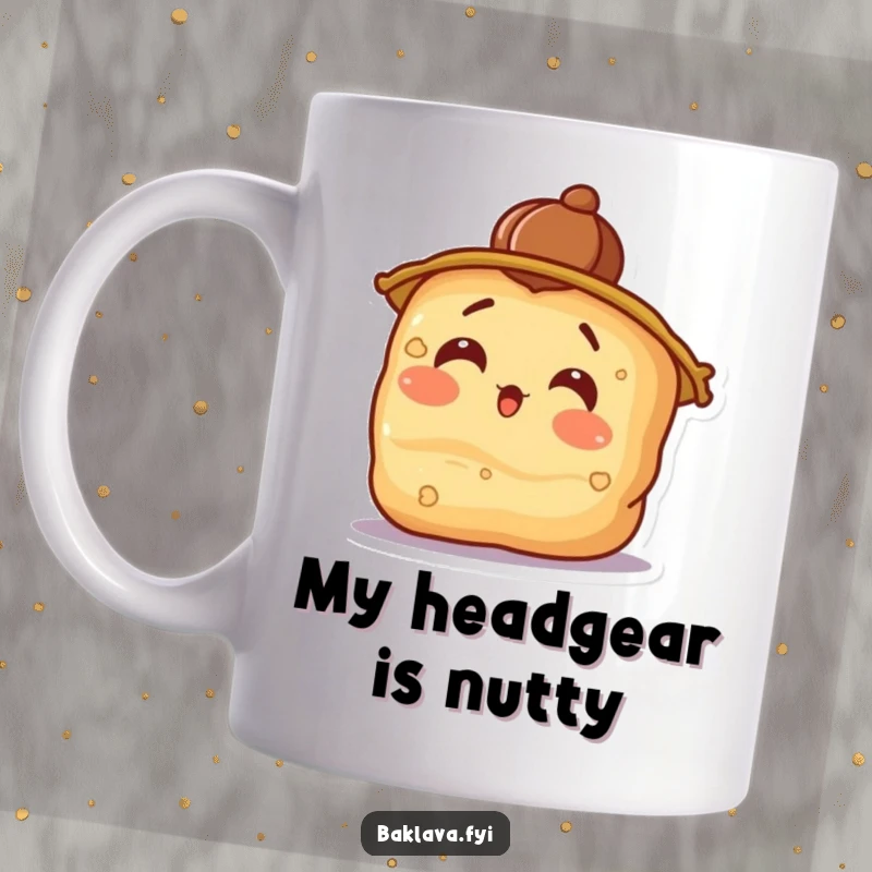 Funny surprised baklava wearing a walnut hat, tilting its head in disbelief, perfect for coffee lovers.