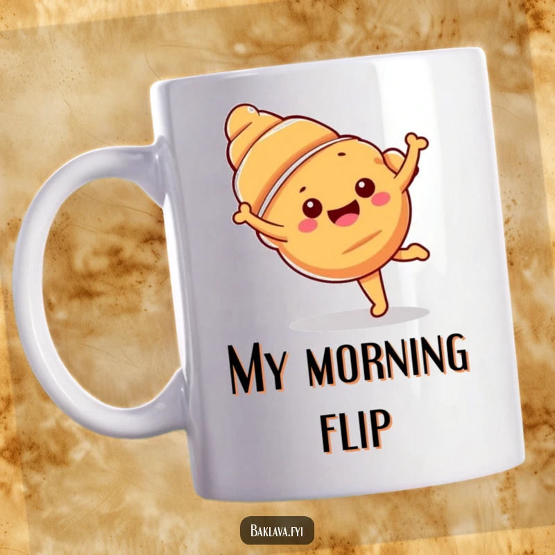 Funny croissant mug with a happy croissant performing a cartwheel, radiating breakfast joy.