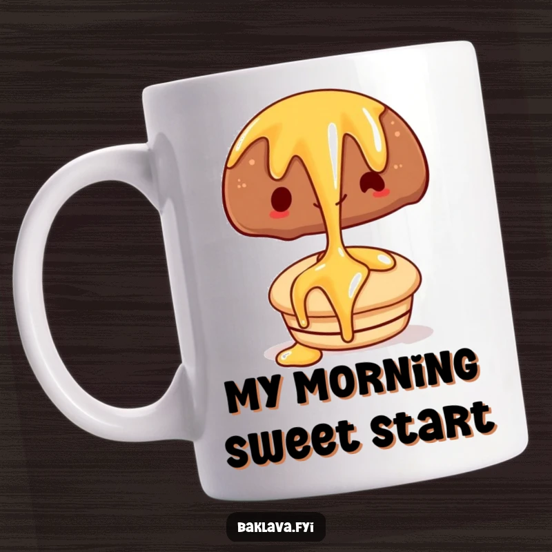 Funny mug with a happy syrup drizzle cascading over a delicious pastry, a sweet and humorous breakfast delight.