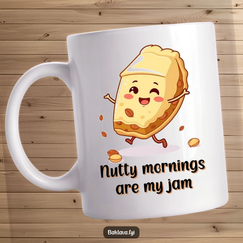 Funny baklava slice mug doing a cartwheel with nuts, showcasing energetic and playful dessert humor for a gift.