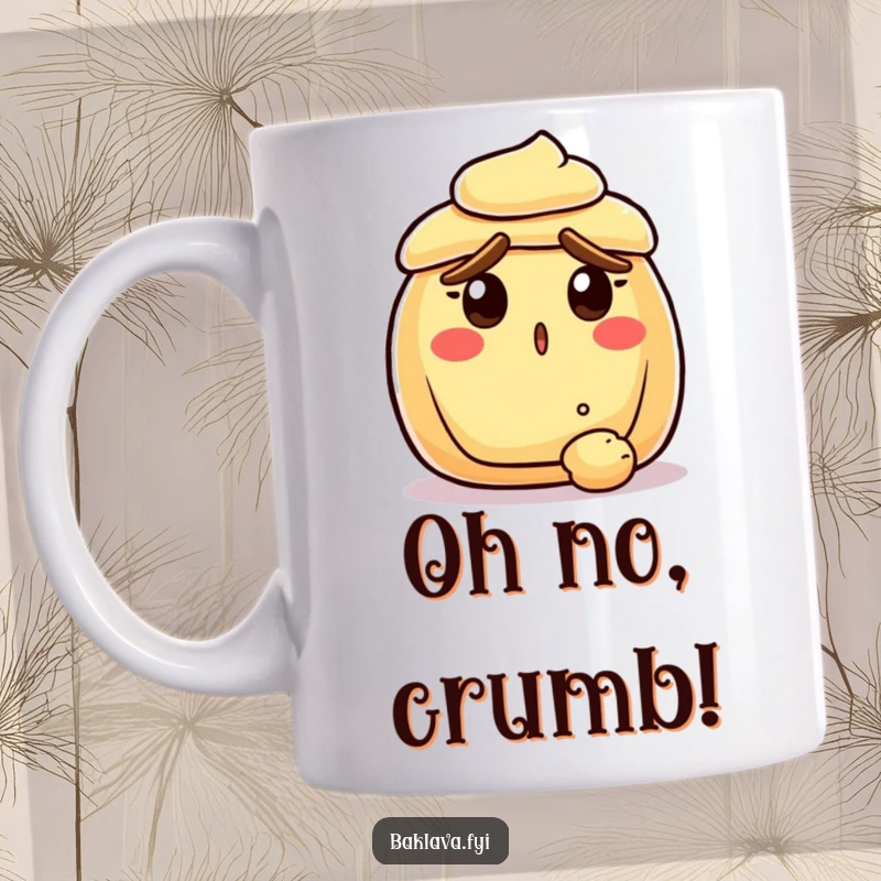 Funny surprised pastry with raised crust eyebrows, reacting to a falling crumb, depicted on a mug, showing hilarious baked good shock.