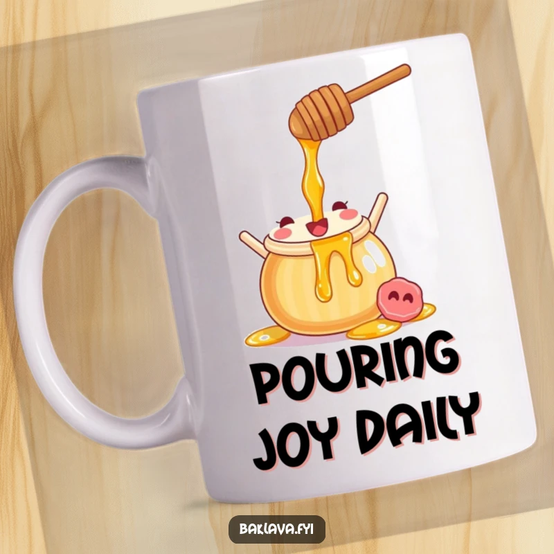 Funny joyful honey pot mug pouring a stream of sweet syrup, bringing cheerful vibes to your morning brew.