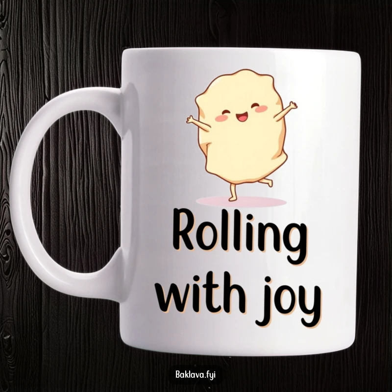 Funny phyllo dough mug with a cheerful sheet performing a cartwheel, celebrating baking with energetic humor.