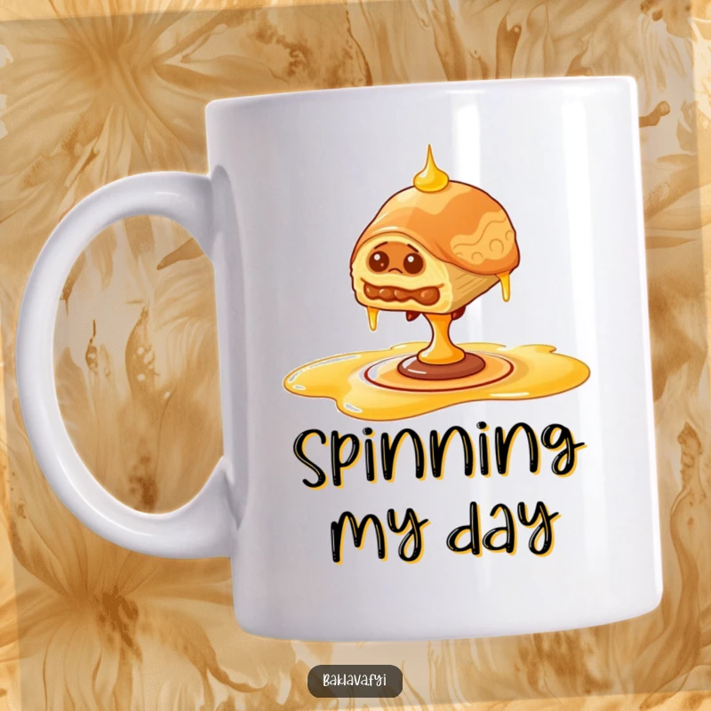 Funny wobbly baklava mug, piece balancing precariously on spinning honey drizzle, conveying humorous determination.