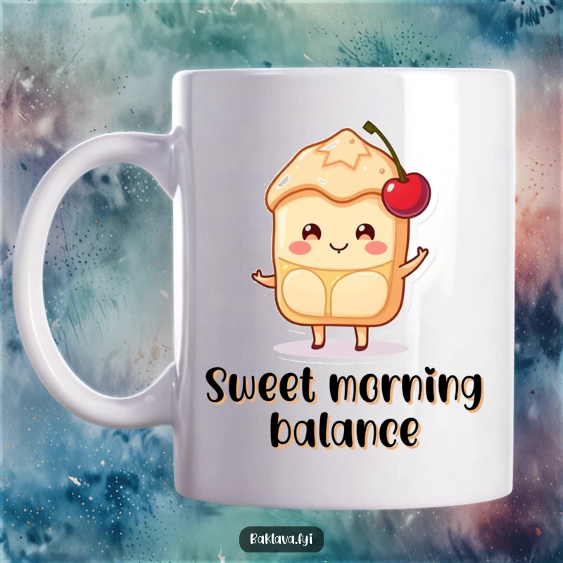 Funny Baklava Mug featuring a happy slice character with a sweet smile, perfectly balancing a bright red cherry.