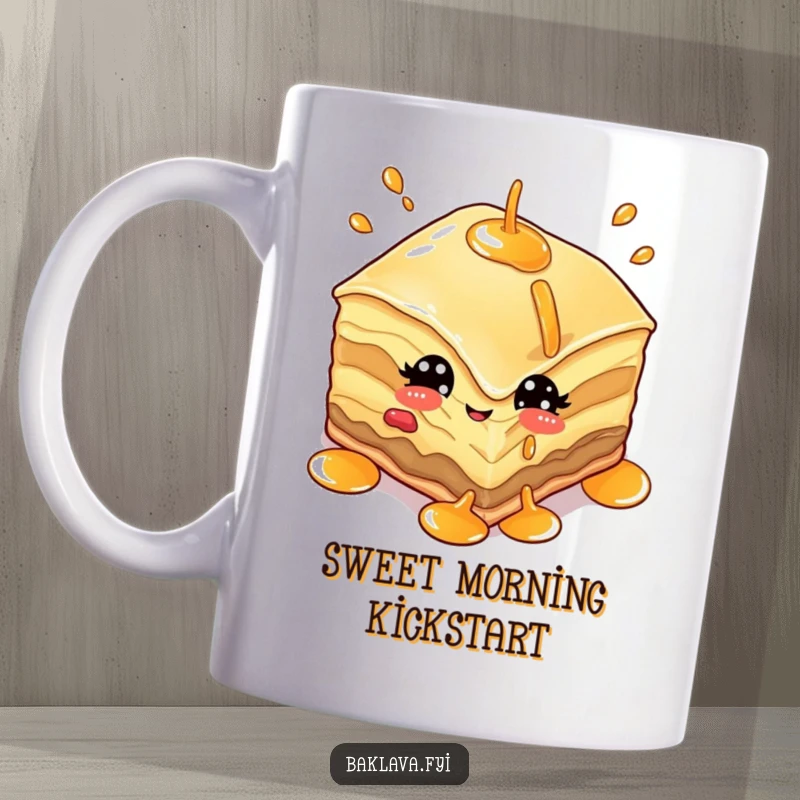 Funny baklava mug showing a piece of sweet pastry with eyes winking playfully while skillfully juggling a bottle of syrup.