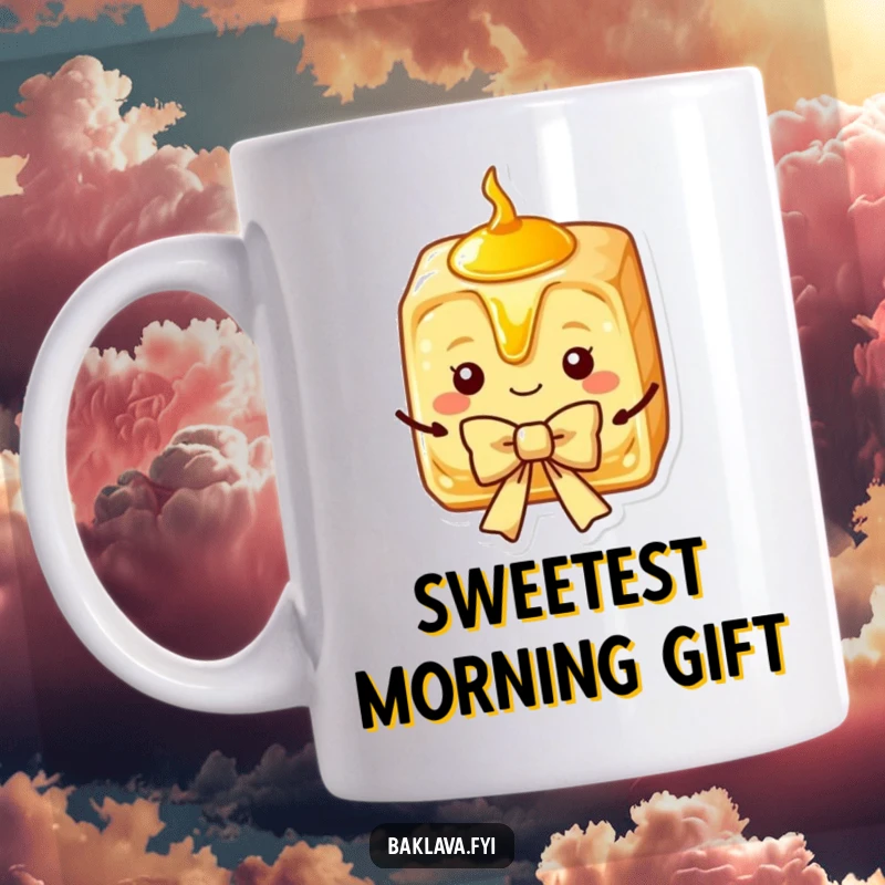Funny Baklava Mug featuring a charming slice dripping with golden syrup, elegantly presenting a decorative bow.
