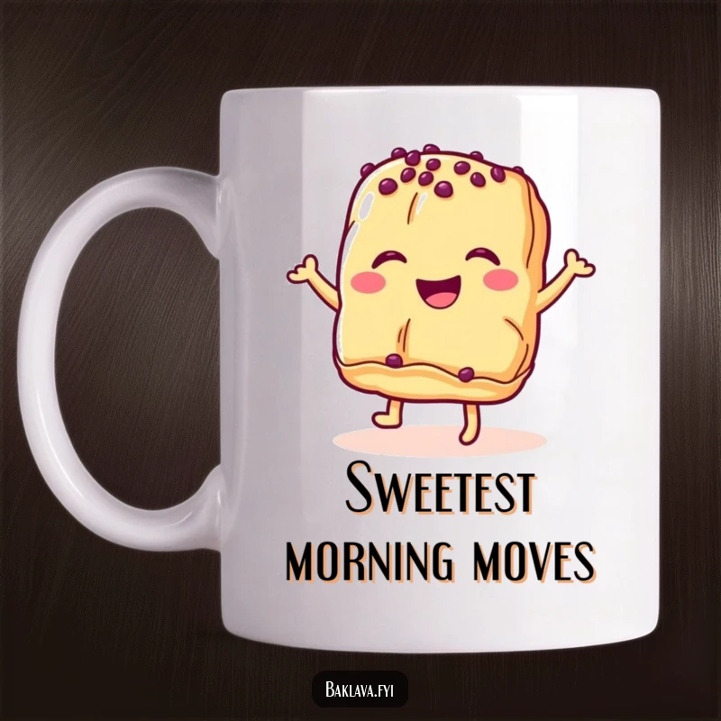 Funny baklava pastry mug featuring a smiling dessert doing a jubilant dance, perfect for adding laughter to your kitchen.
