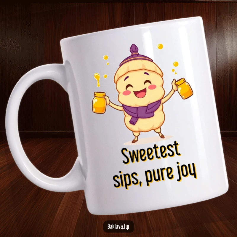 Funny mug: a grinning baklava character joyfully juggles multiple honey jars with glee.