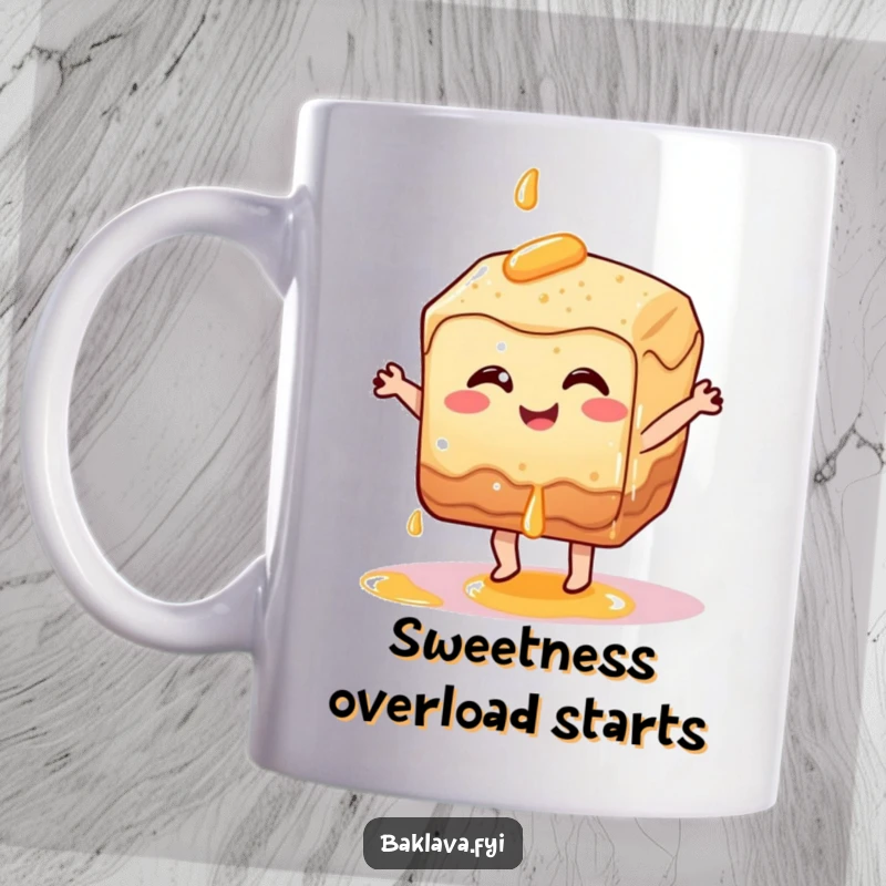 Funny smiling baklava pastry character dancing energetically with syrup dripping, celebrating dessert, perfect funny gift mug.