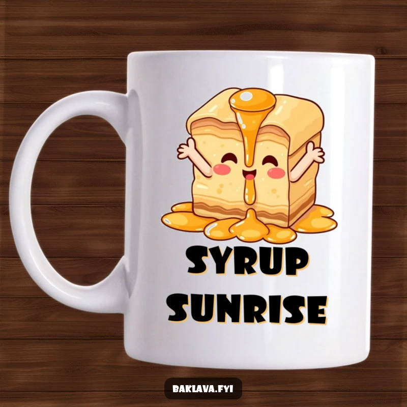 Funny happy baklava mug, piece with tiny arms outstretched enjoying a syrup waterfall, conveying pure delight.