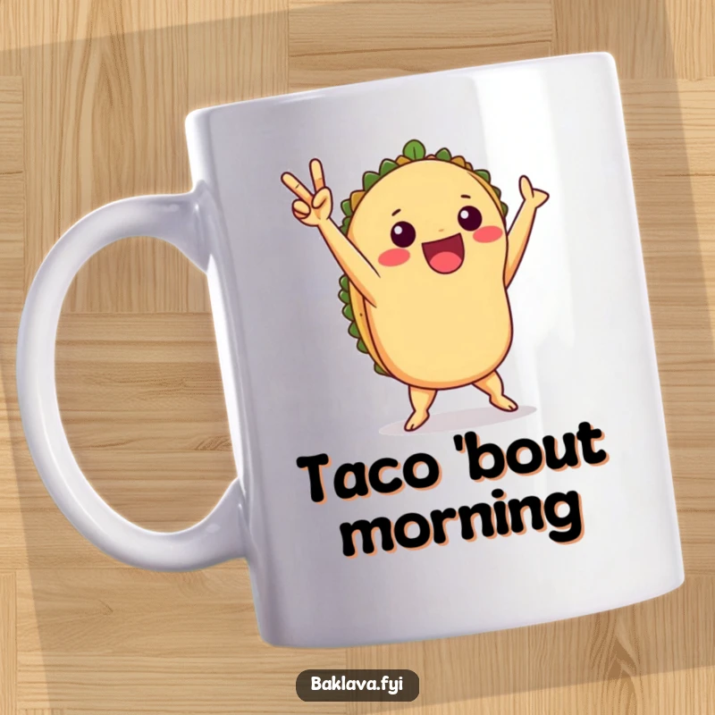 Funny taco victory dance mug with a playful taco celebrating with a joyful, energetic dance.