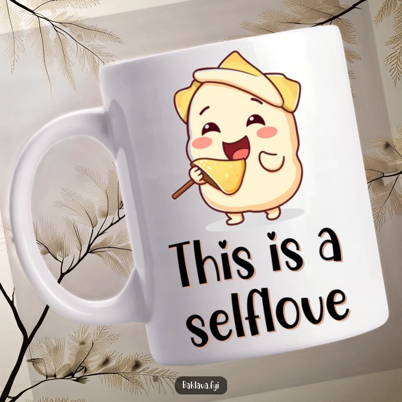 Funny, joyful phyllo dough character happily taking a bite from itself, depicted on a humorous mug, ideal for food lovers and bakers.