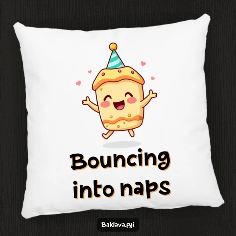 Funny pillow: a baklava character in a party hat bounces with infectious joy, perfect for comfort.
