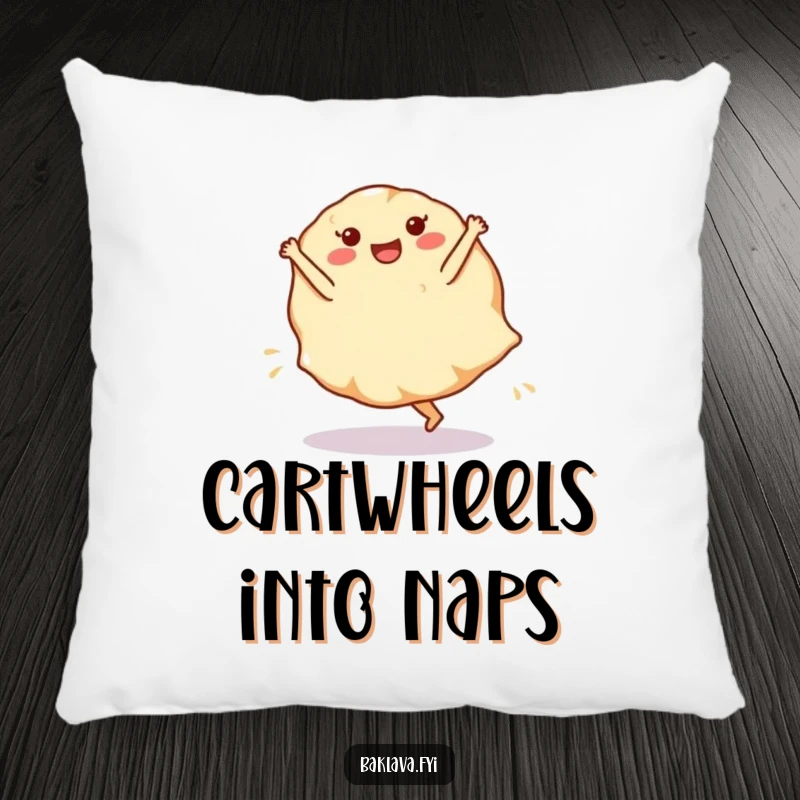 Funny phyllo dough sheet pillow with a cartwheeling dessert layer, providing comfort and a playful touch.