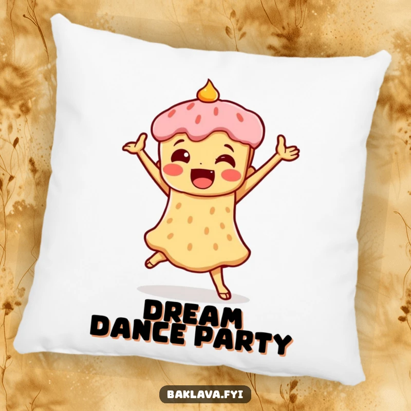 Funny pillow featuring a piece of baklava in a triumphant dance pose, offering comfort and a sweet, celebratory humorous visual.