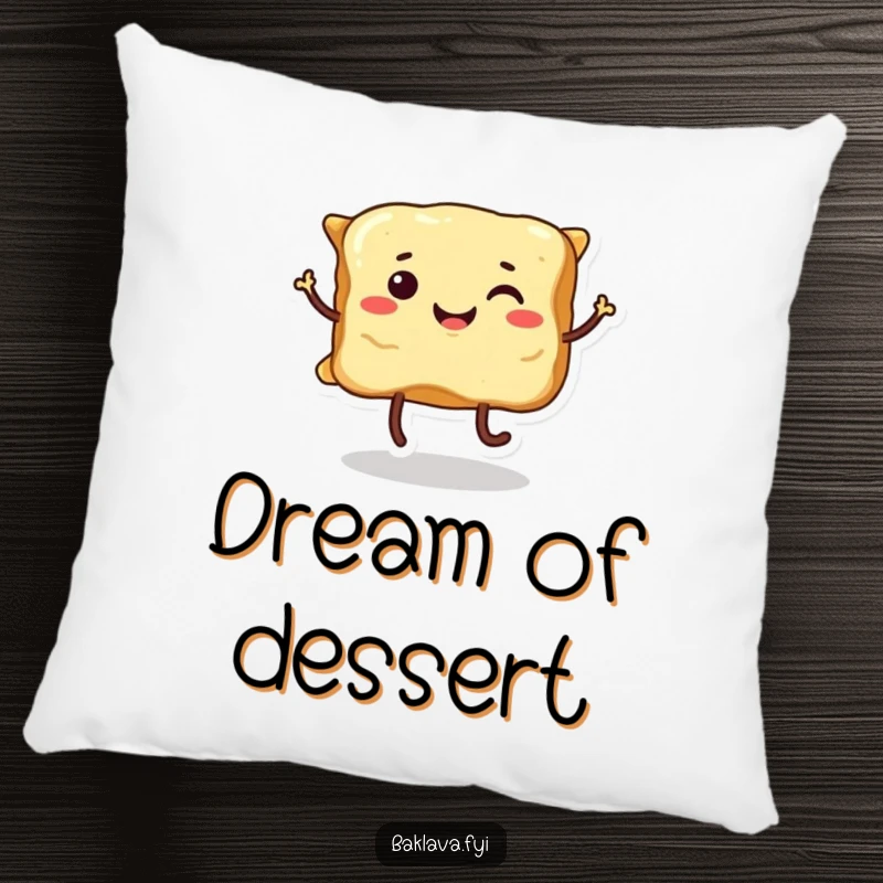 Funny smiling baklava with legs, captured mid-dance, bringing soft humor and sweet charm to this pillow.