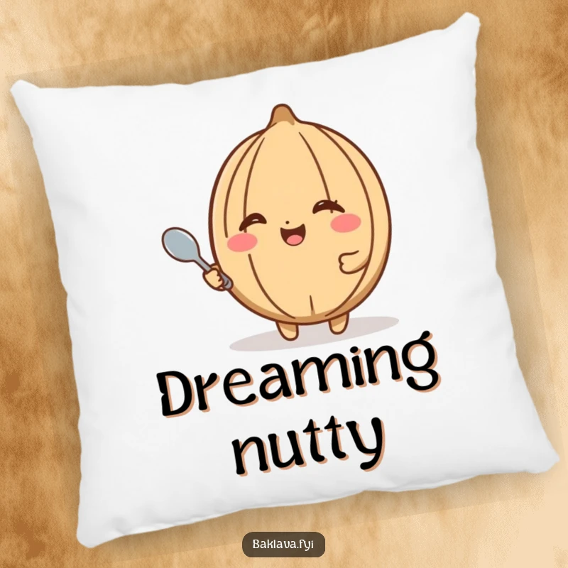 Funny walnut pillow with a happy walnut winking and holding a tiny spoon, offering a comfortable and humorous touch to any couch or bed.