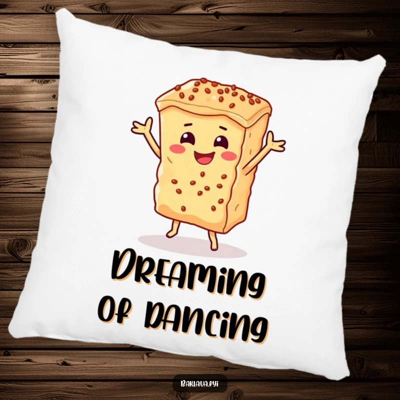 Funny smiling baklava doing a happy dance on a plush pillow, offering comfort and sweet, dessert-themed humor.