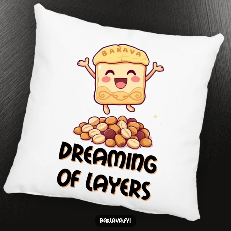 Funny baklava pillow featuring a happy baklava character mid-leap over a small pile of nuts, bringing comfort and amusement to any space.