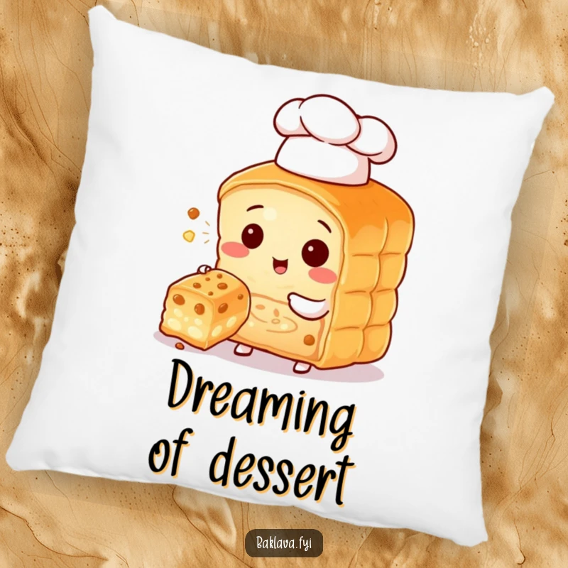 Funny baklava character chef with a tiny hat, offering a bite, a soft and humorous decorative pillow.