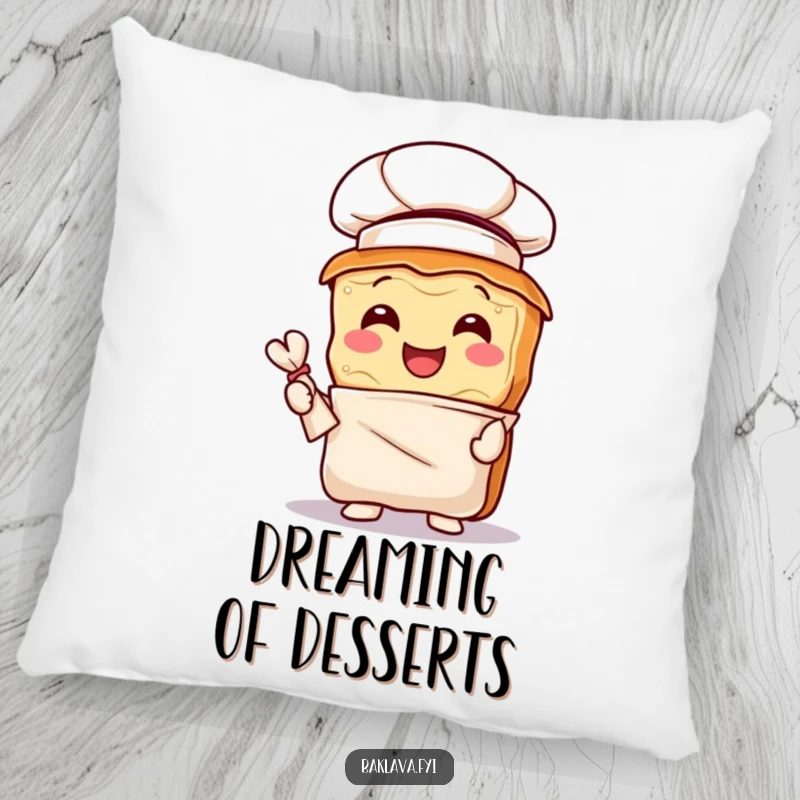 Funny baklava chef pillow featuring a joyful pastry wearing a chef hat and holding a pastry bag, adding comfort and humor.