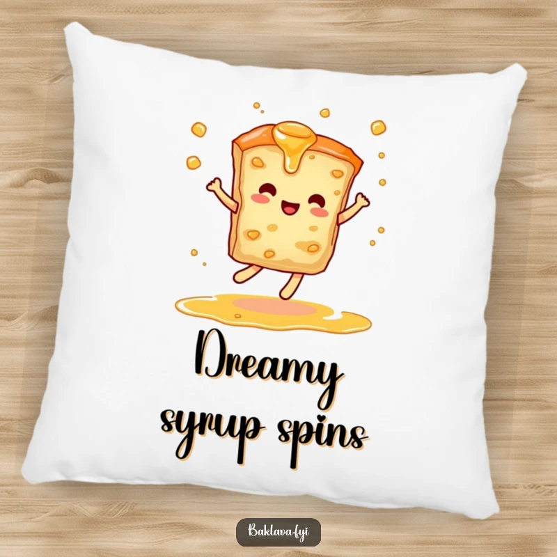 Funny pillow featuring a dancing baklava slice with syrup swirls, offering sweet comfort and humorous charm to any room.