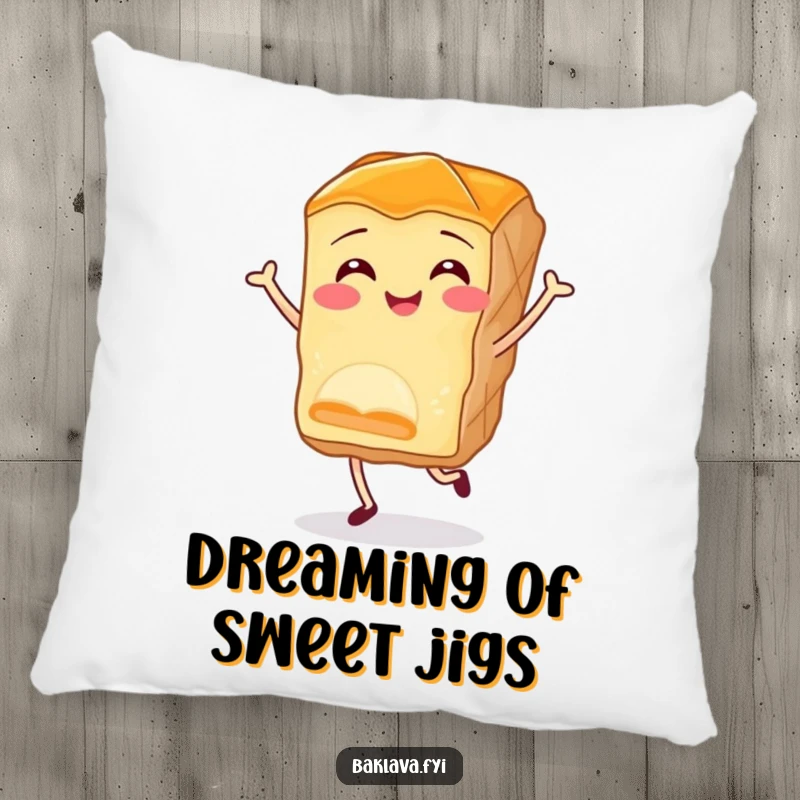 Funny baklava pillow with a smiling piece of pastry doing a delightful jig, offering a comfortable and humorous touch to any couch or bed.