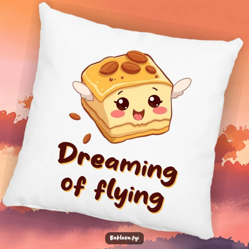 Funny Baklava Pillow featuring an almond-studded slice comically attempting to fly, a soft and sweet accent.