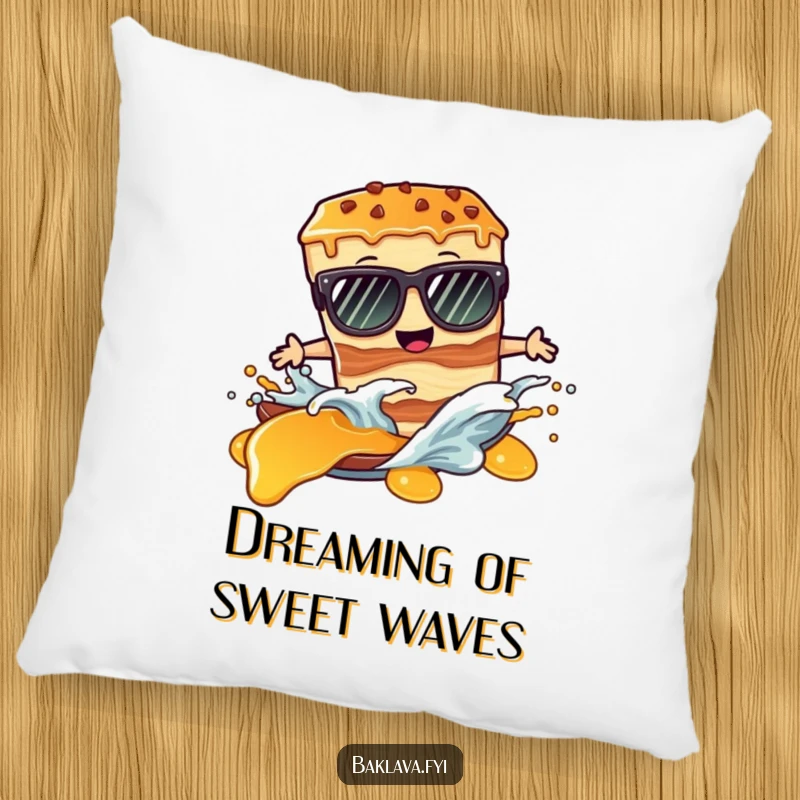Funny pillow: a baklava slice with sunglasses surfs a syrup wave, adding comfort and laughs.