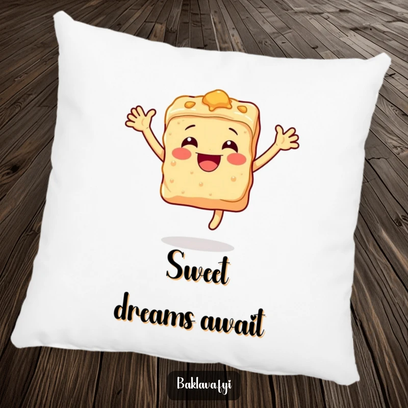 Funny baklava pillow featuring a smiling, leaping piece of baklava, perfect for cozying up.