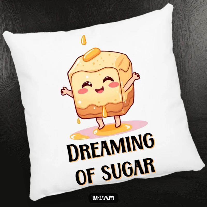 Funny baklava pastry character dancing gleefully with syrup dripping, a soft and funny pillow.