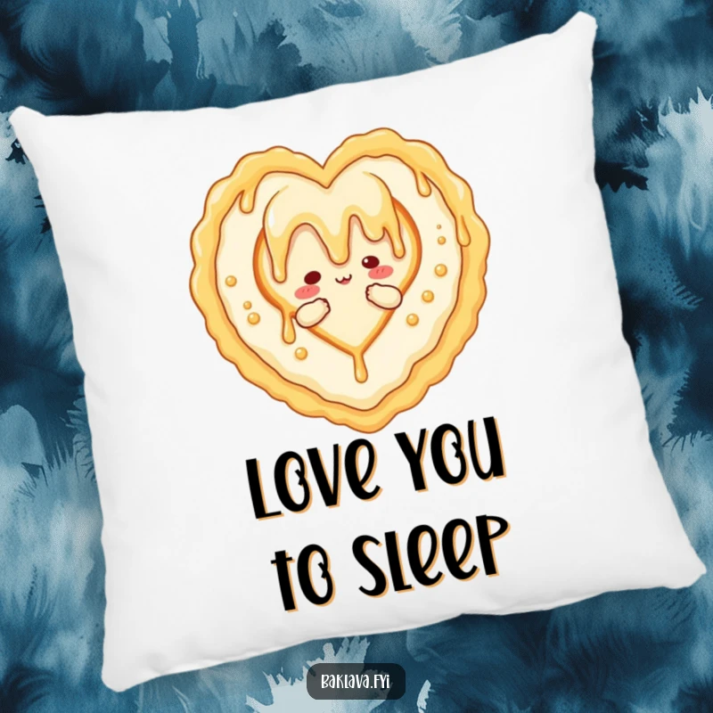 Funny pillow featuring a honey drizzle character forming a heart around baklava, offering comfort and a sweet, loving humorous visual.