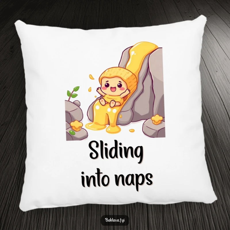 Funny baklava character sliding down a honey waterfall, a soft and humorous decorative pillow.
