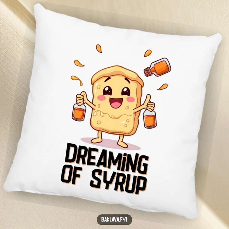 Funny baklava character juggling syrup bottles with glee, printed on a soft, decorative pillow. A humorous and sweet accent.