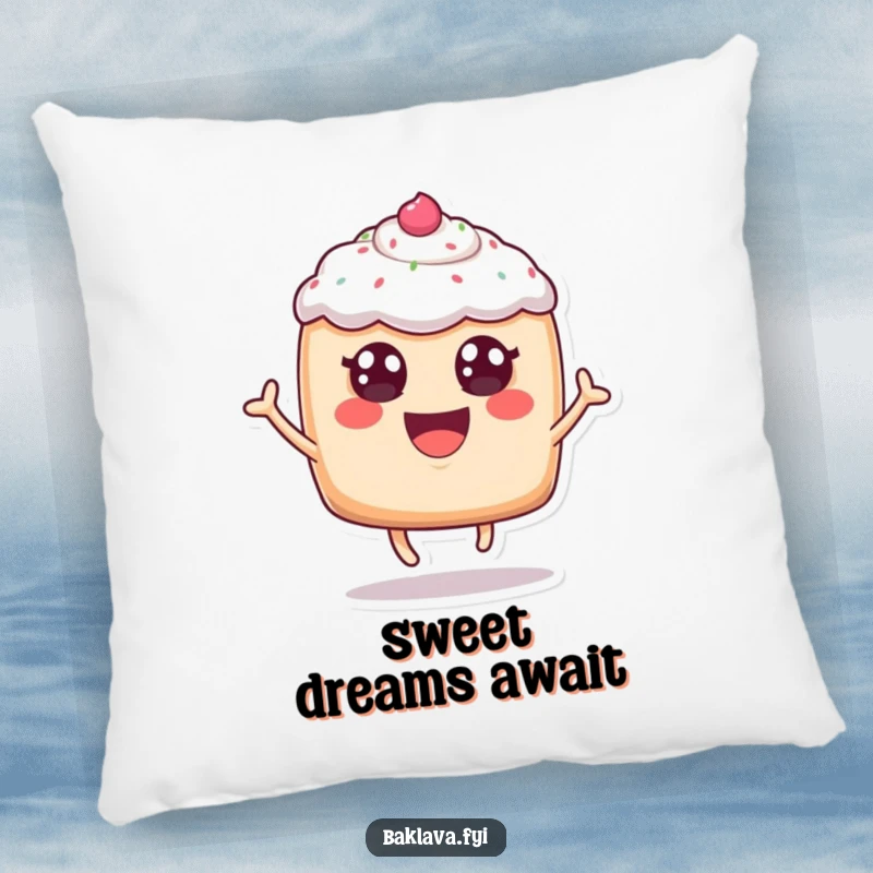 Funny, cheerful anthropomorphic pastry with frosting eyes leaping joyfully, on a plush pillow, offering cozy and humorous baked good comfort.