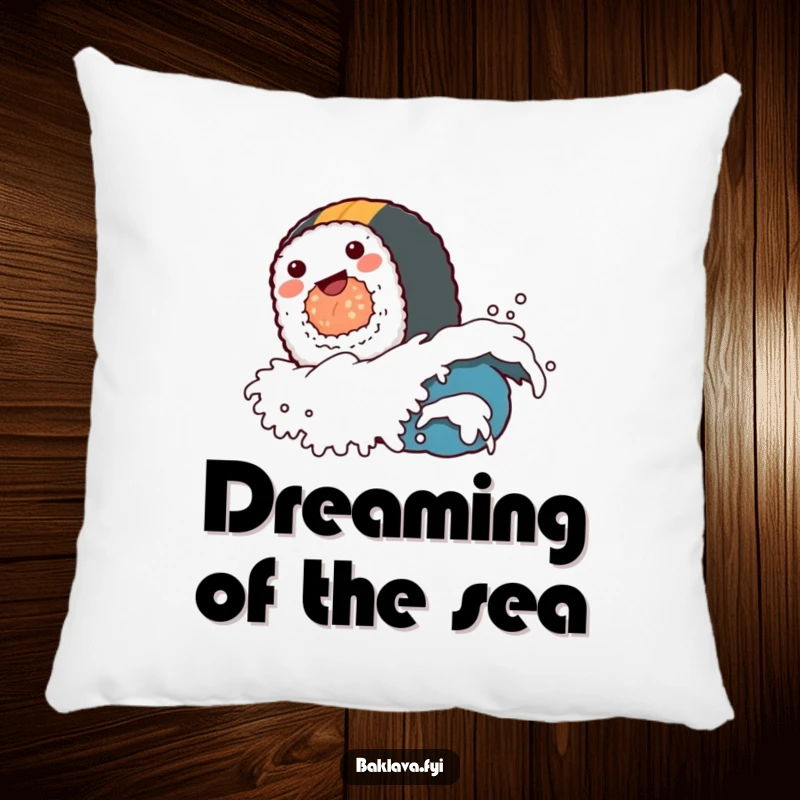 A funny sushi roll character wave design on a soft pillow, perfect for adding funny decor.