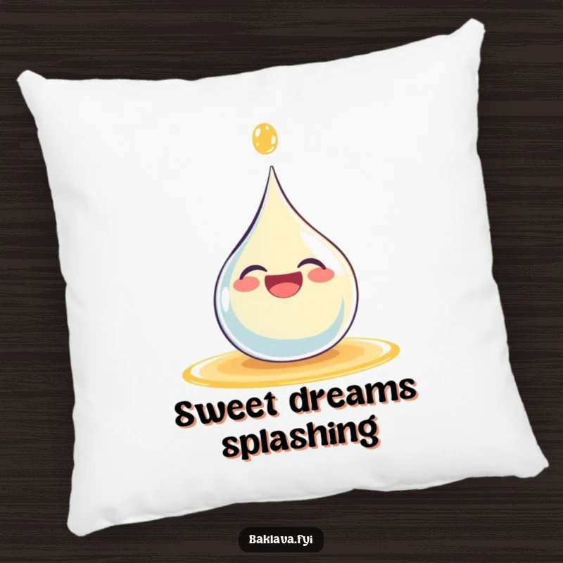 Funny giggling syrup droplet splashing happily on a decorative pillow, offering comfort and humorous charm.