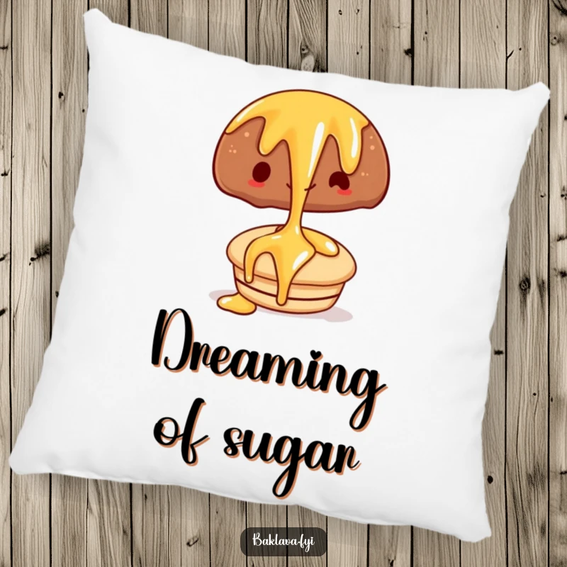 Funny pillow with a happy syrup drizzle over a pastry, a soft and humorous decorative item for any room.