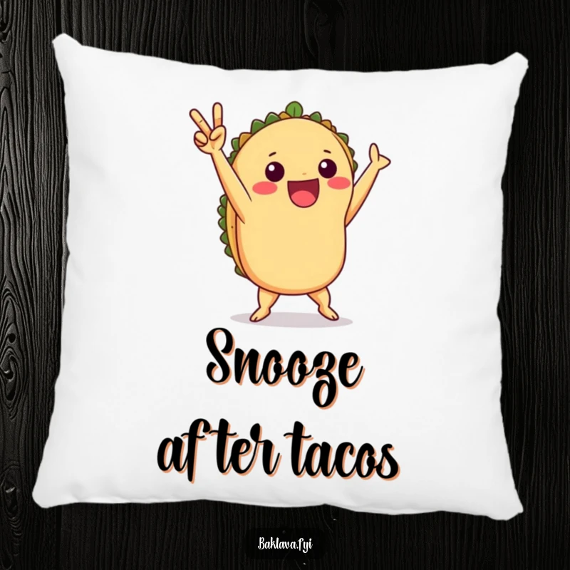 Funny taco victory dance pillow featuring a playful taco celebrating, designed for ultimate comfort.