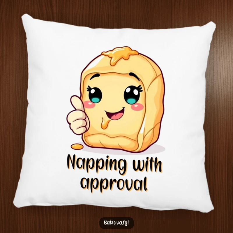 Funny cheerful baklava pillow giving a thumbs up with a syrupy smile, perfect for cozy, positive relaxation.