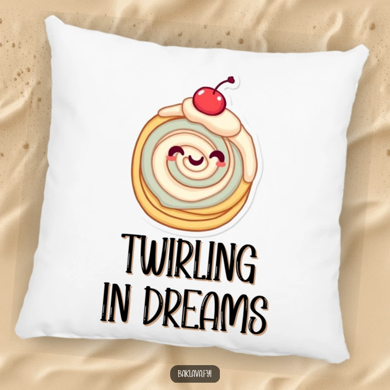 Funny layered pastry character twirling with a cherry, a soft and funny pillow.
