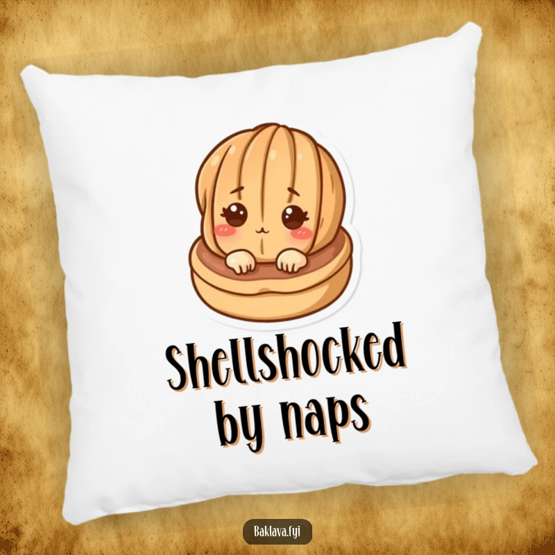 Funny curious walnut peeking from a pastry, featured on a soft, decorative pillow for a humorous and comfortable touch.