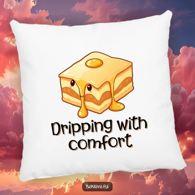 Funny wiggling baklava slice with syrup dripping on a plush pillow, offering comfort and saucy, dessert-themed humor.