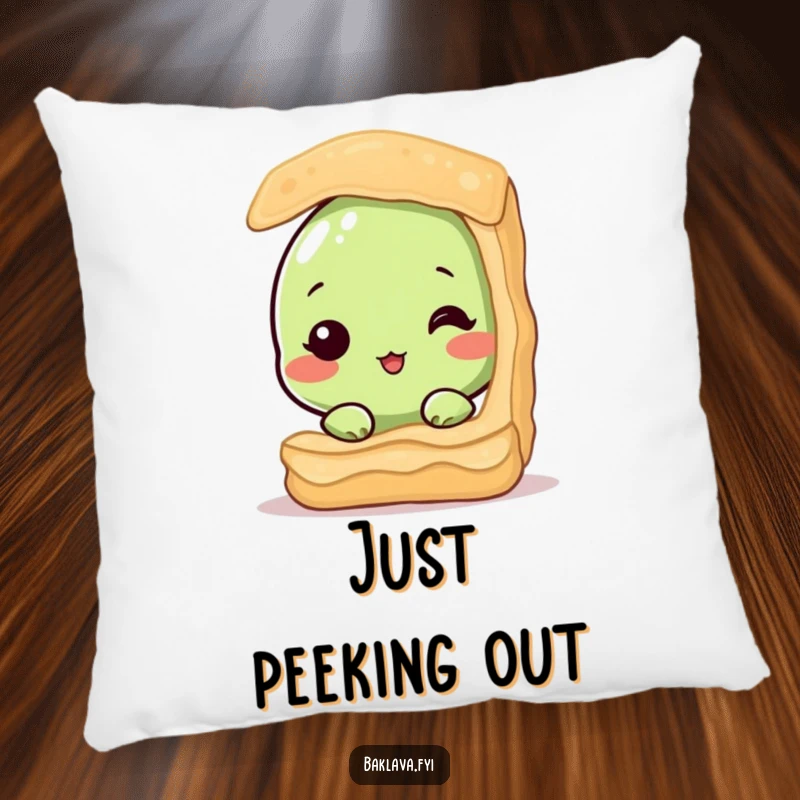 Funny pillow with a shy pistachio nut peeking from baklava, offering plush comfort and adorable, humorous appeal. Soft and cheerful decor.