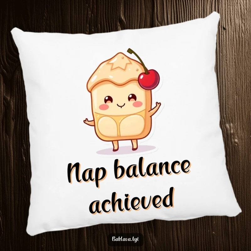 Funny Baklava Pillow featuring a happy slice character smiling while balancing a cherry, a soft and sweet accent.