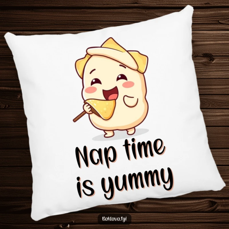 Funny, joyful phyllo dough character happily taking a bite from itself, on a plush pillow, bringing humorous and cozy vibes to any room.