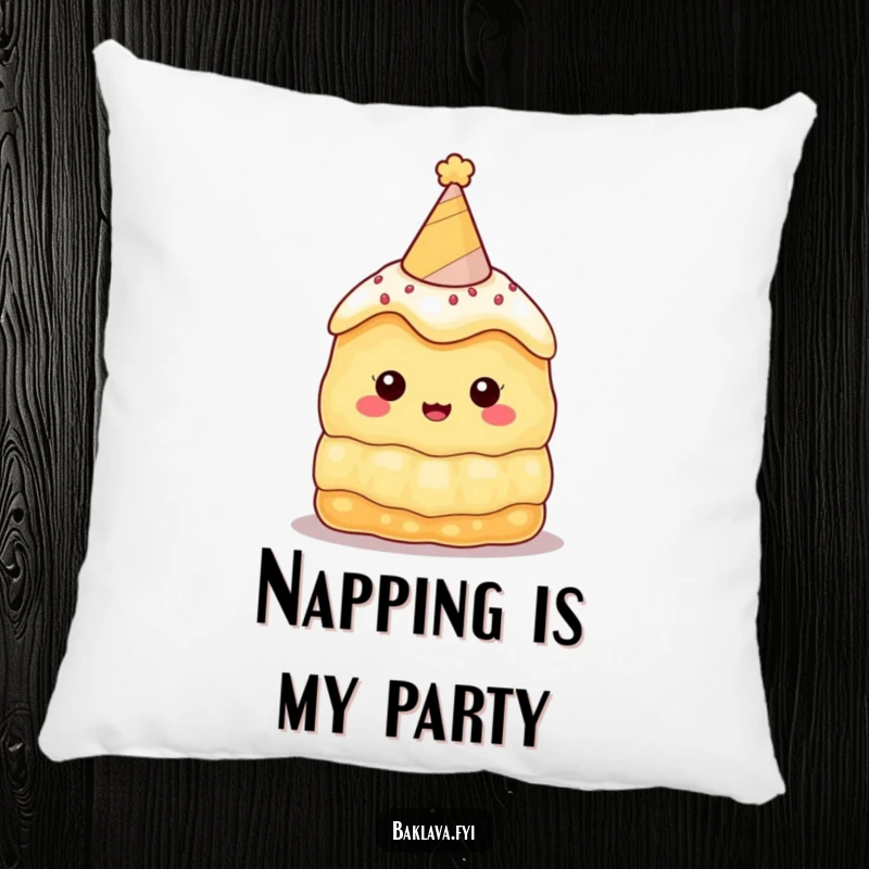 Funny baklava pillow with a cute character wearing a party hat, offering a soft touch of humor and sweet decoration for couches or beds.