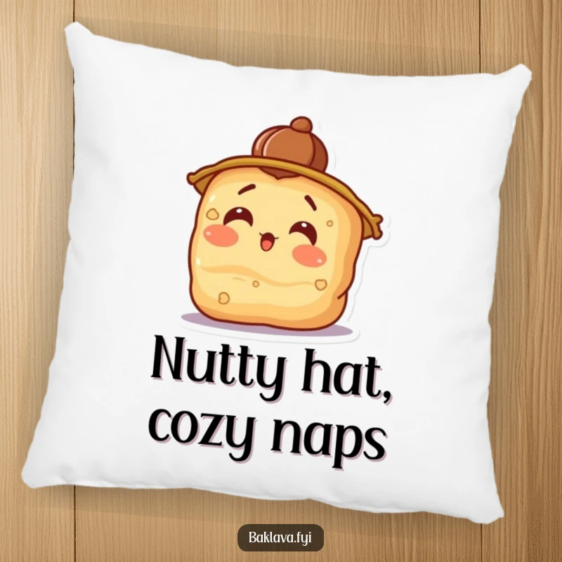 Funny surprised baklava wearing a walnut hat, tilting its head, a soft pillow for humorous comfort.